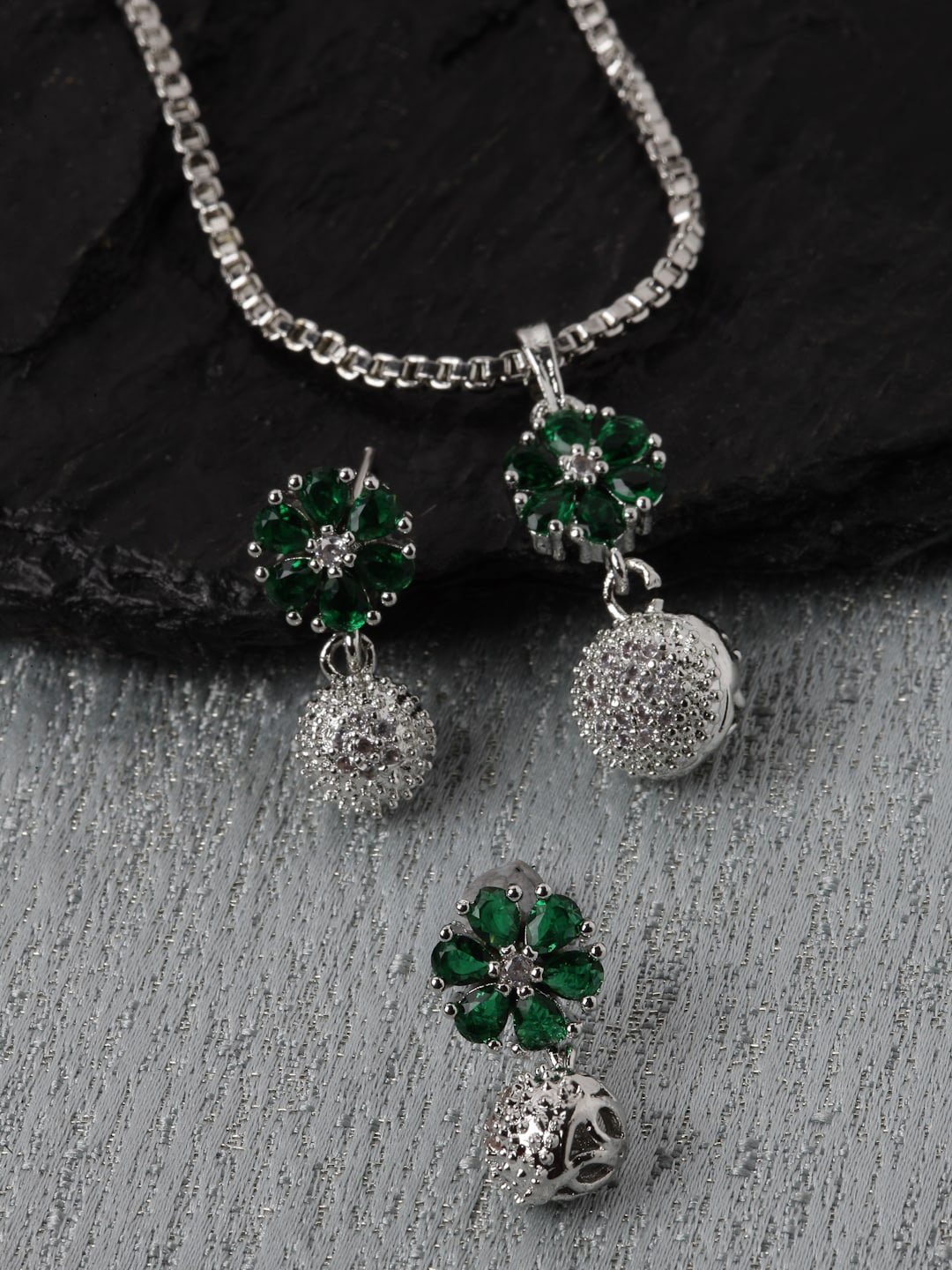 

ZENEME Rhodium-Plated CZ Studded Pendant & Earrings Set, Green