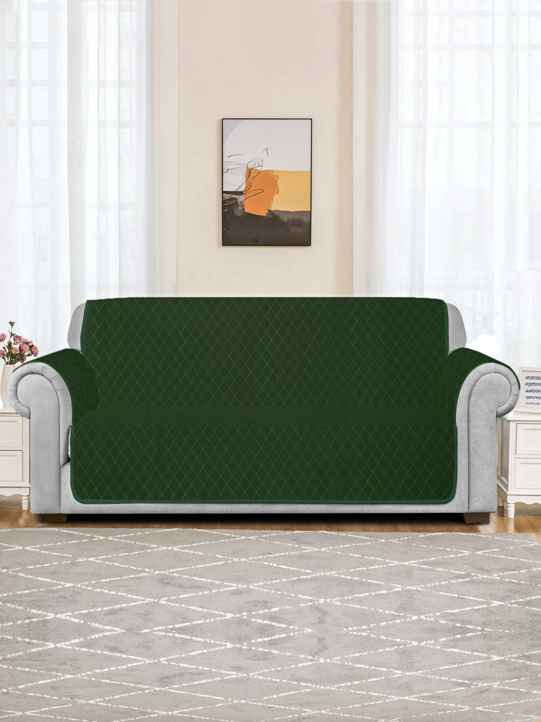 

Rajasthan Decor Green Quilted Pure Cotton 3 Seater Sofa Cover & Arm Rest