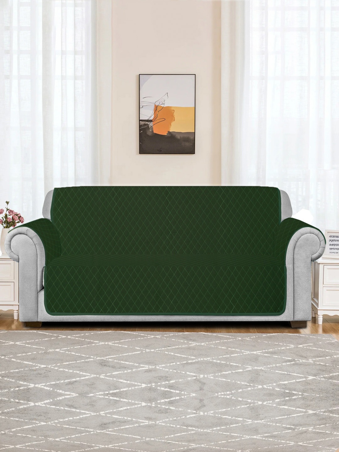 

Rajasthan Decor Green Quilted Pure Cotton 2 Seater Sofa Cover & Arm Cover