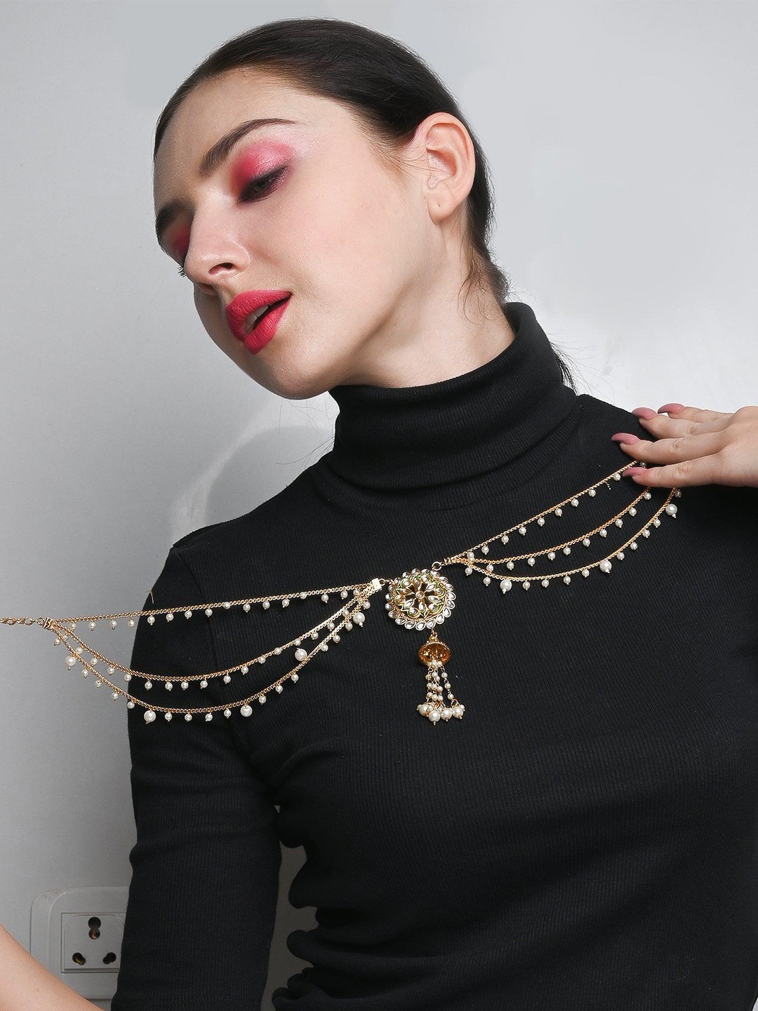 

ODETTE Women Embellished Three Layered Kundan Ethnic Belt, Gold