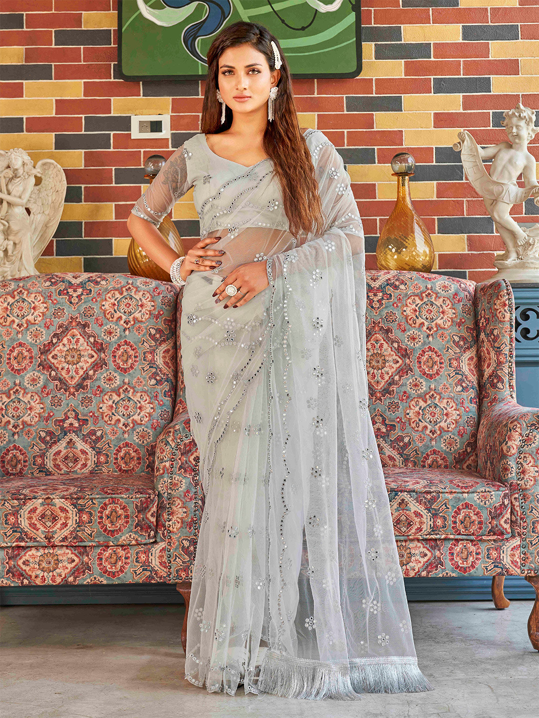 

Tikhi Imli Grey Embellished Mirror Work Net Saree