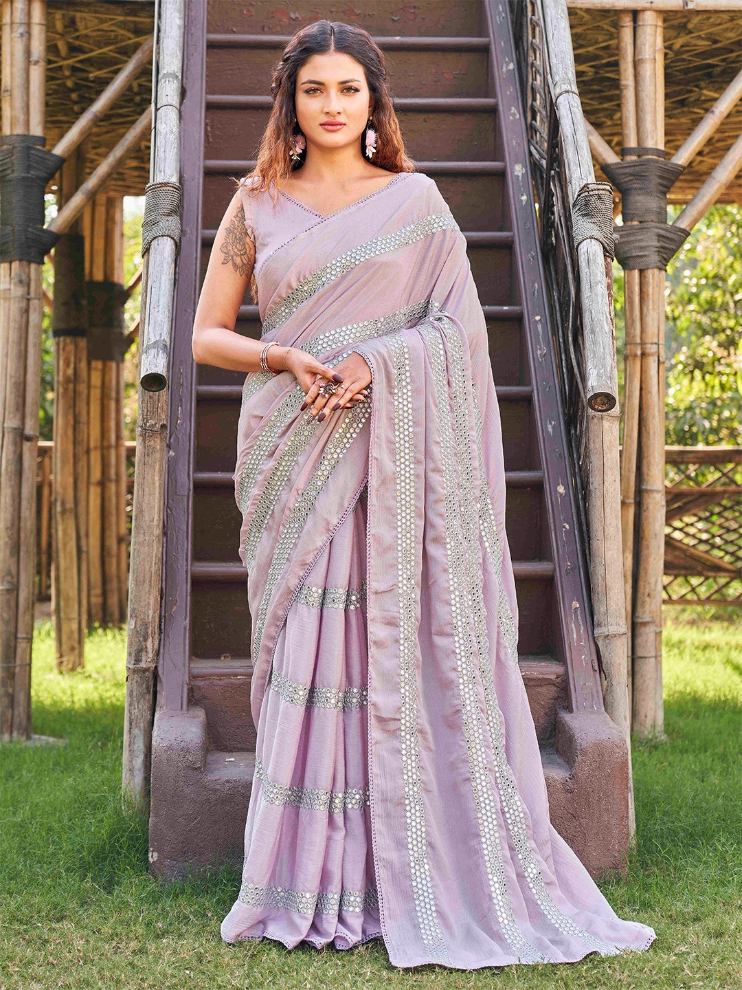 

Tikhi Imli Mauve Mirror Work Satin Saree