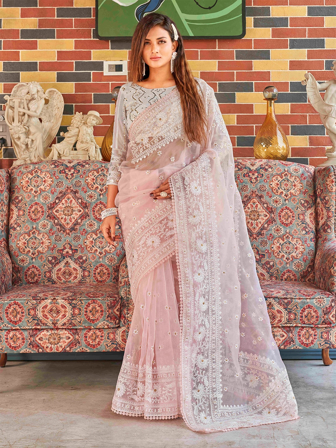 

Tikhi Imli Pink Floral Embroidered Organza Saree
