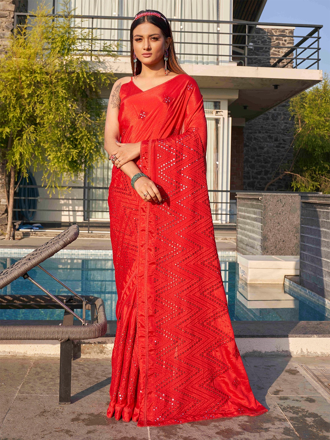 

Tikhi Imli Red Embellished Mirror Work Satin Saree