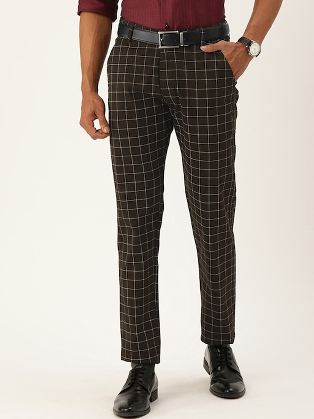 

Hancock Men Checked Tailored Slim Fit Cotton Formal Trousers, Brown