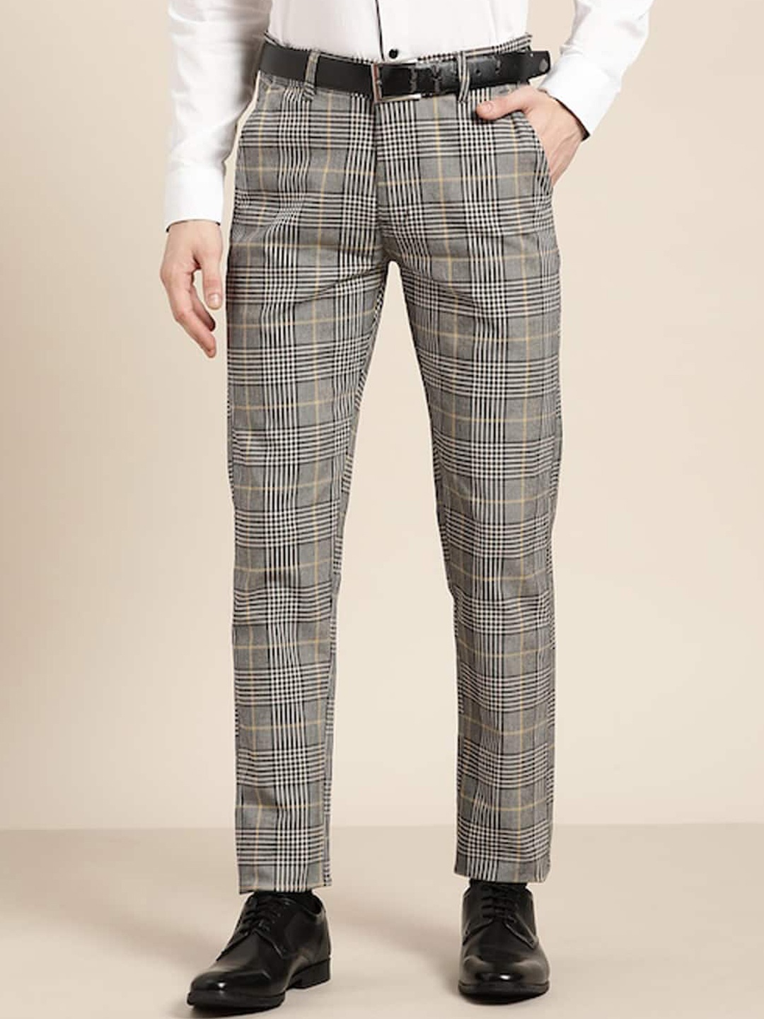 

Hancock Men Checked Tailored Slim Fit Cotton Formal Trousers, Grey