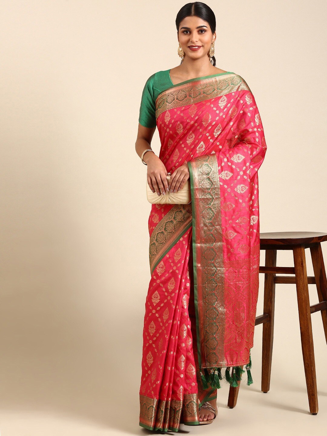 

MS RETAIL Ethnic Motifs Woven Design Zari Banarasi Saree, Pink