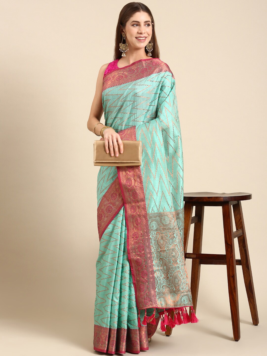 

MS RETAIL Geometric Woven Design Zari Banarasi Saree, Turquoise blue