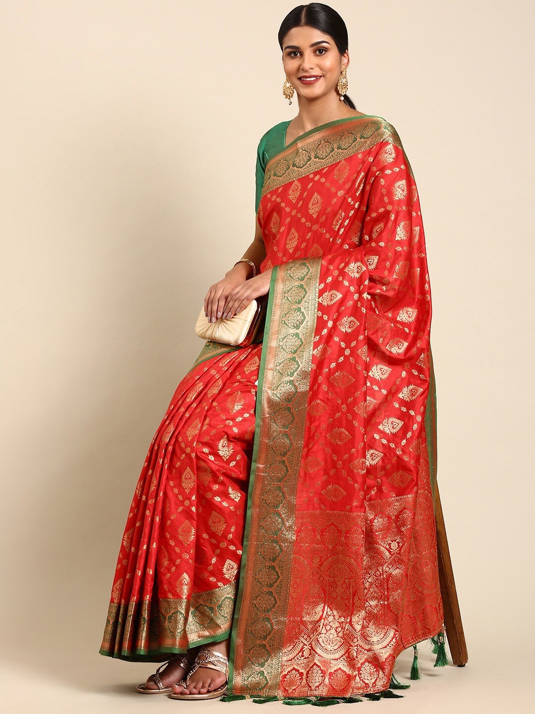 

MS RETAIL Ethnic Motifs Woven Design Zari Banarasi Saree, Red