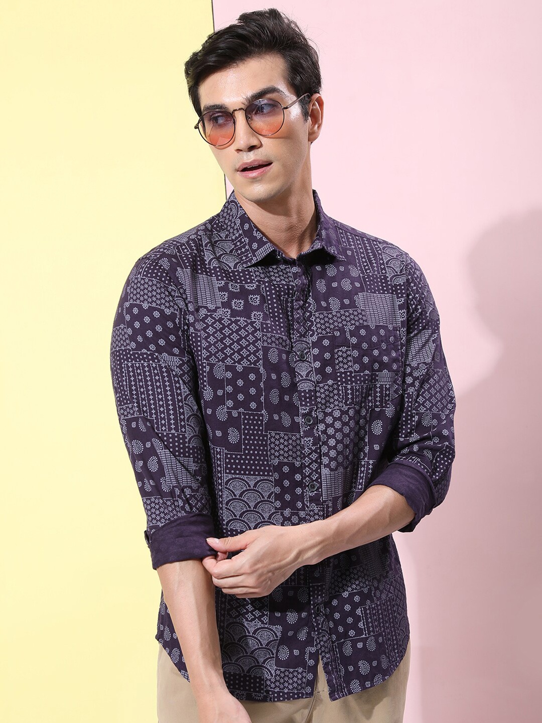 

KETCH Slim Fit Ethnic Printed Cotton Casual Shirt, Purple