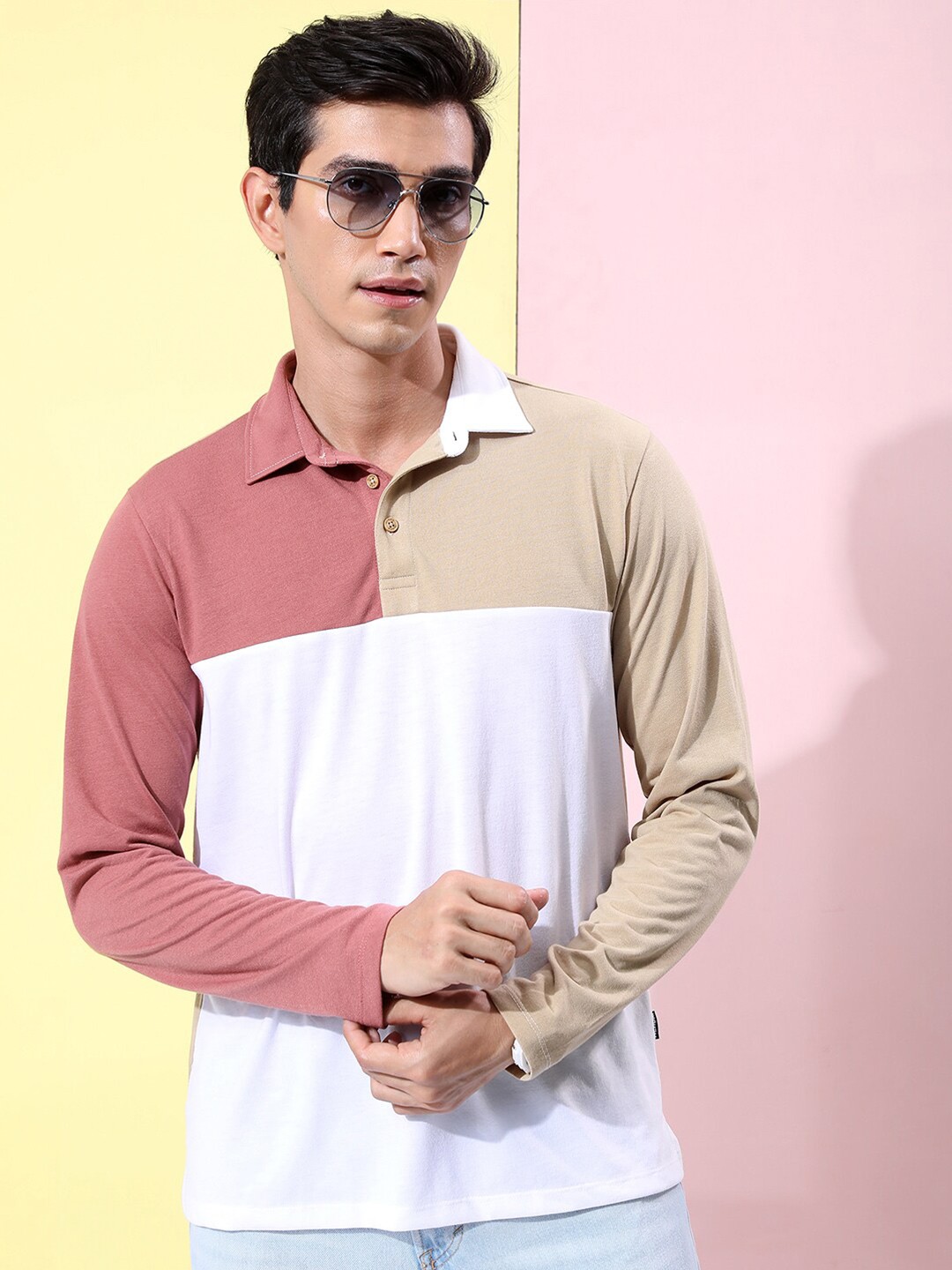 

HIGHLANDER Colourblocked Polo Collar T-shirt, Cream