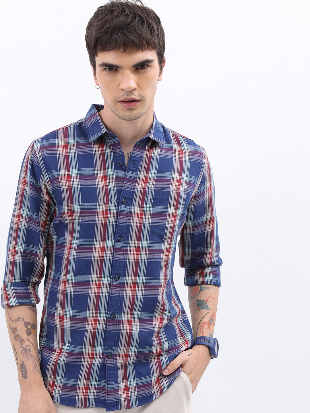 

HIGHLANDER Slim Fit Tartan Checks Opaque Casual Shirt, Navy blue