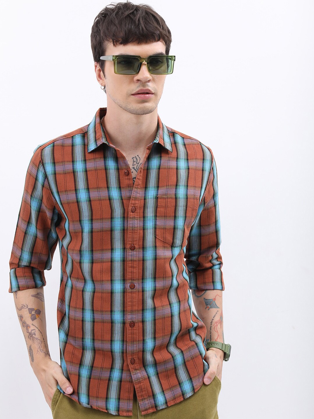 

HIGHLANDER Slim Fit Opaque Checked Casual Shirt, Rust