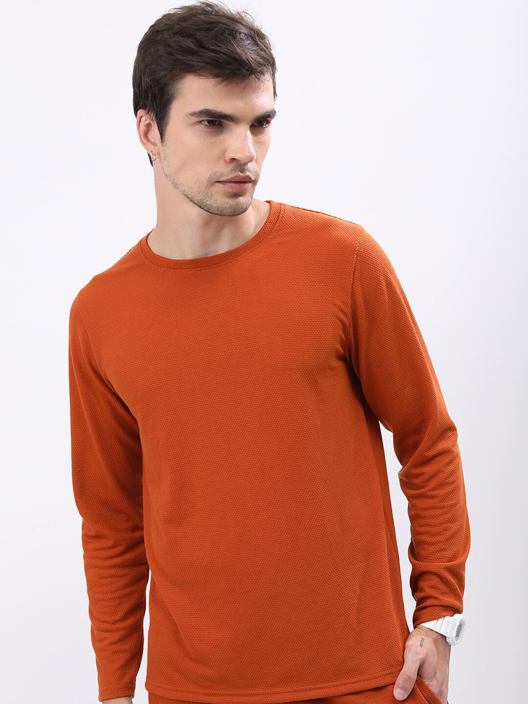

HIGHLANDER Popcorn Structured Slim Fit Casual T-shirt, Rust