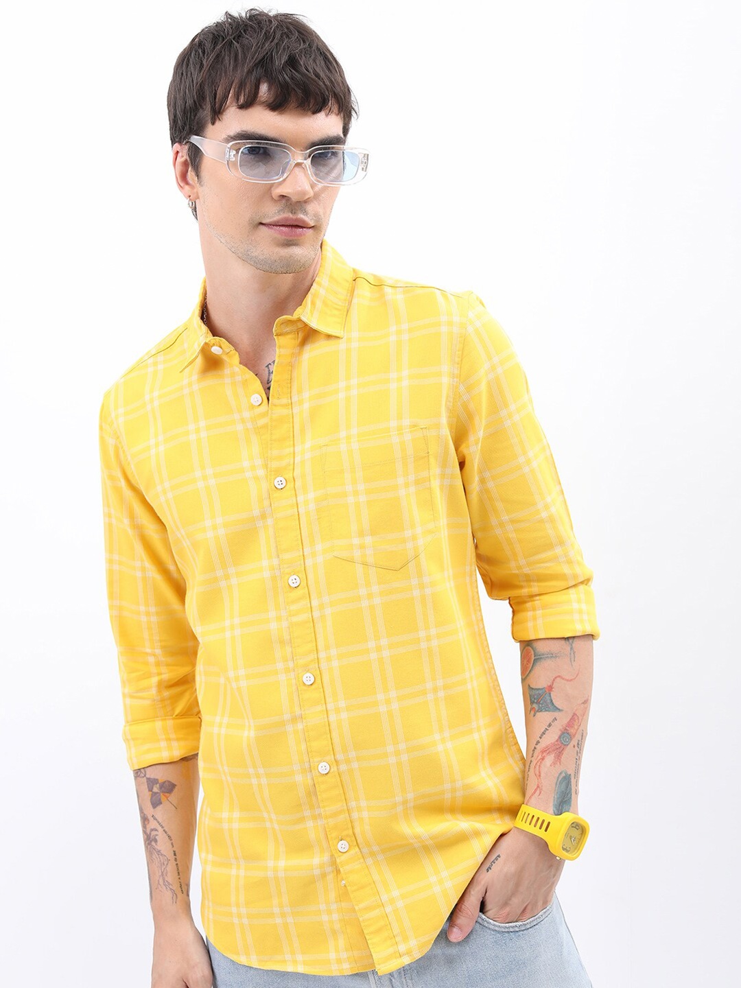 

HIGHLANDER Slim Fit Checked Casual Shirt, Yellow