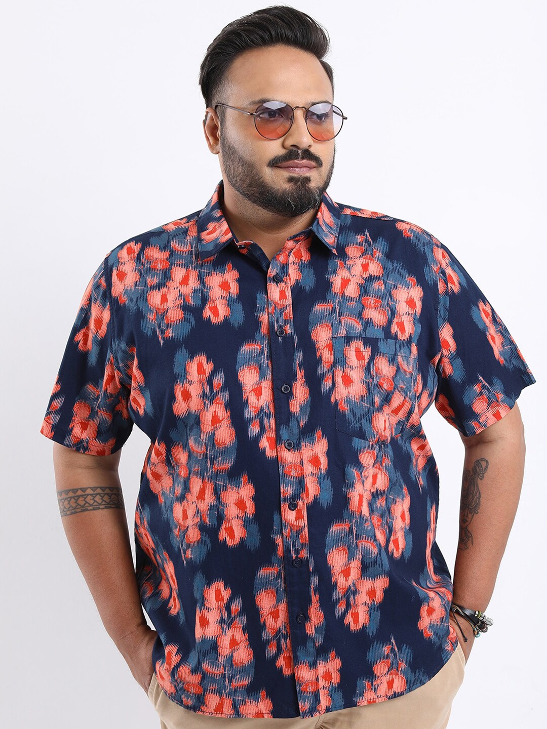 

HIGHLANDER Plus Size Floral Printed Cotton Casual Shirt, Navy blue
