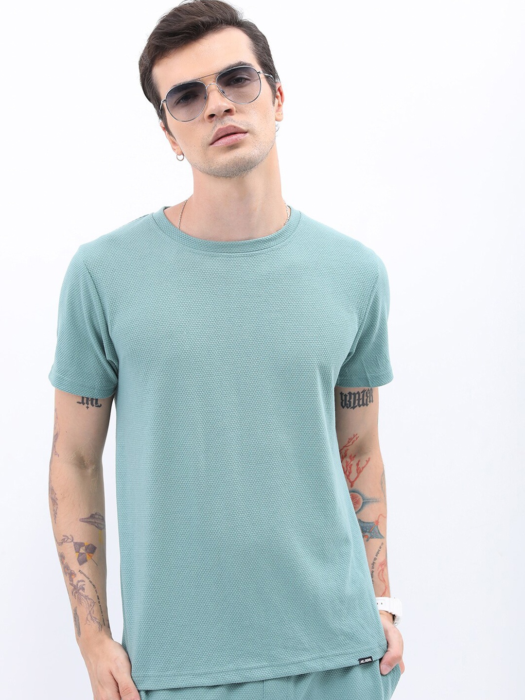 

HIGHLANDER Round Neck Popcorn Structured Slim Fit Tshirt, Sea green