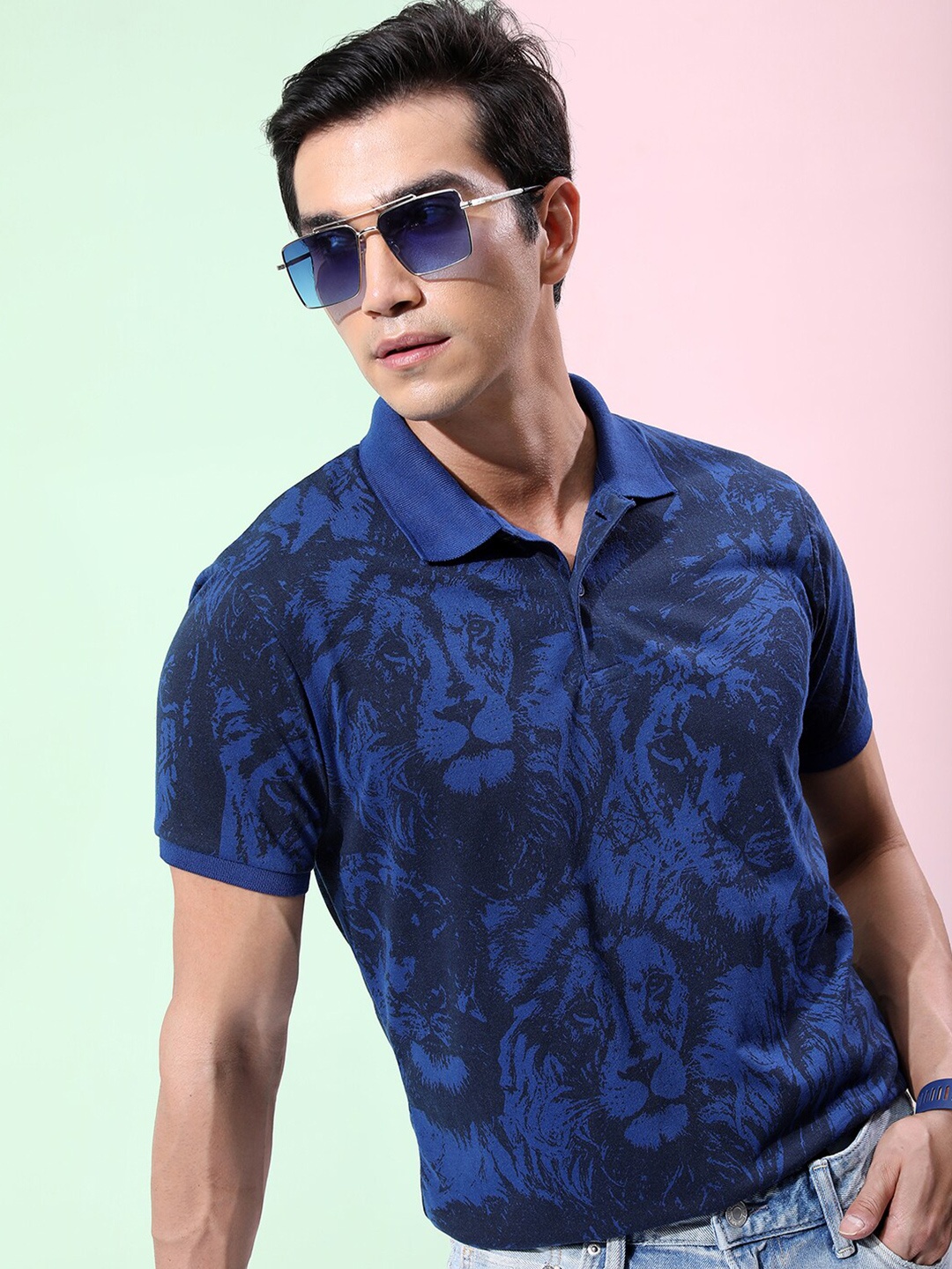 

HIGHLANDER Abstract Printed Polo collar Slim Fit T-shirt, Navy blue