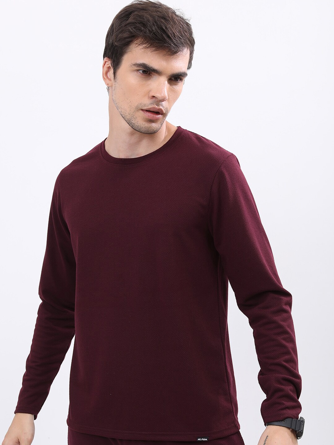 

HIGHLANDER Round Neck Popcorn Structured Slim Fit Tshirt, Burgundy