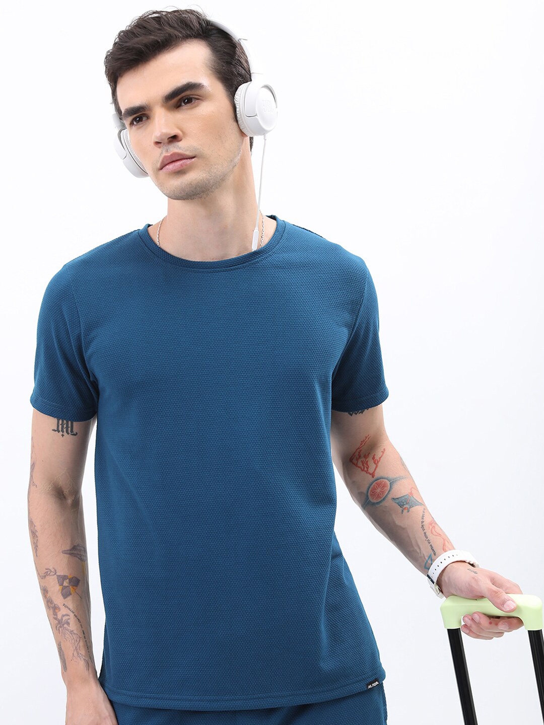 

HIGHLANDER Popcorn Structured Round Neck Slim Fit Casual T-shirt, Teal