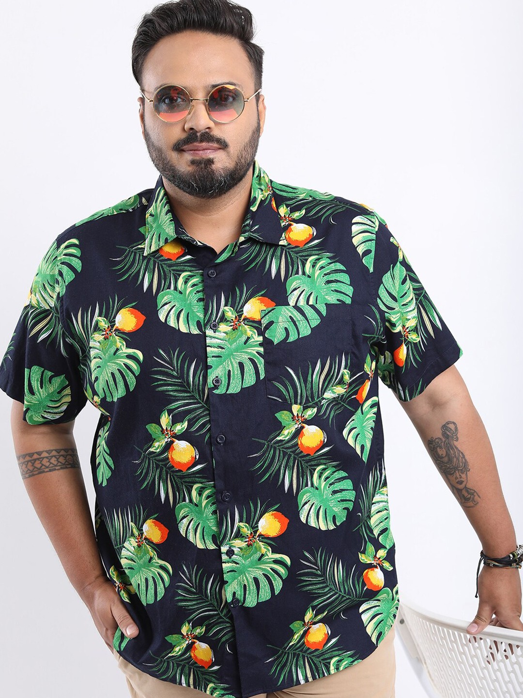 

HIGHLANDER Plus Size Tropical Printed Cotton Casual Shirt, Navy blue