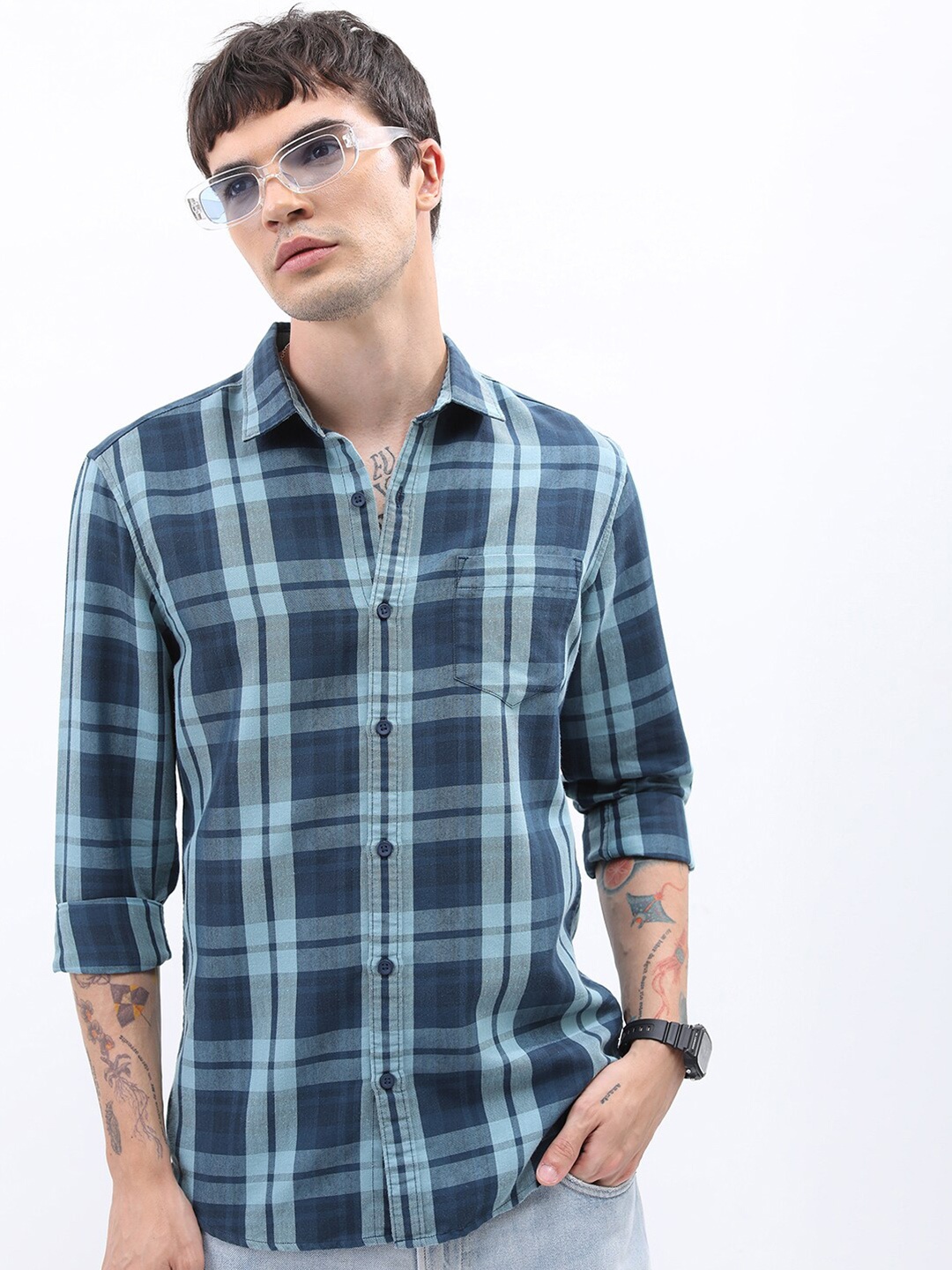 

HIGHLANDER Slim Fit Tartan Checks Opaque Checked Casual Shirt, Teal