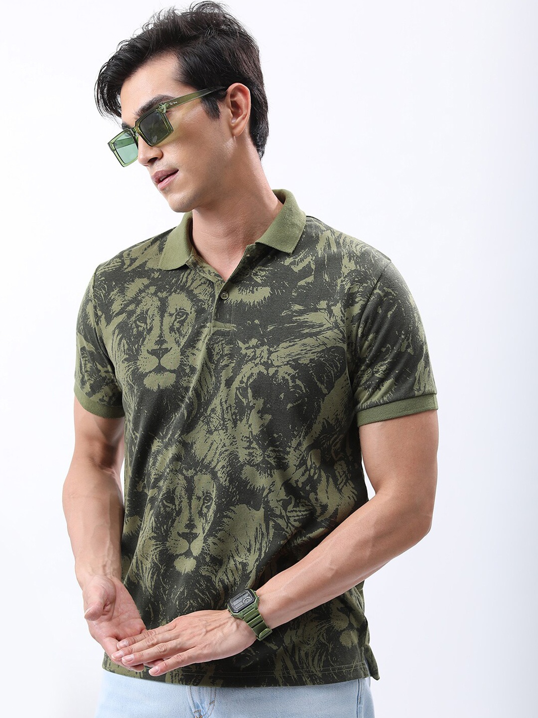 

HIGHLANDER Abstract Printed Polo collar Slim Fit T-shirt, Olive
