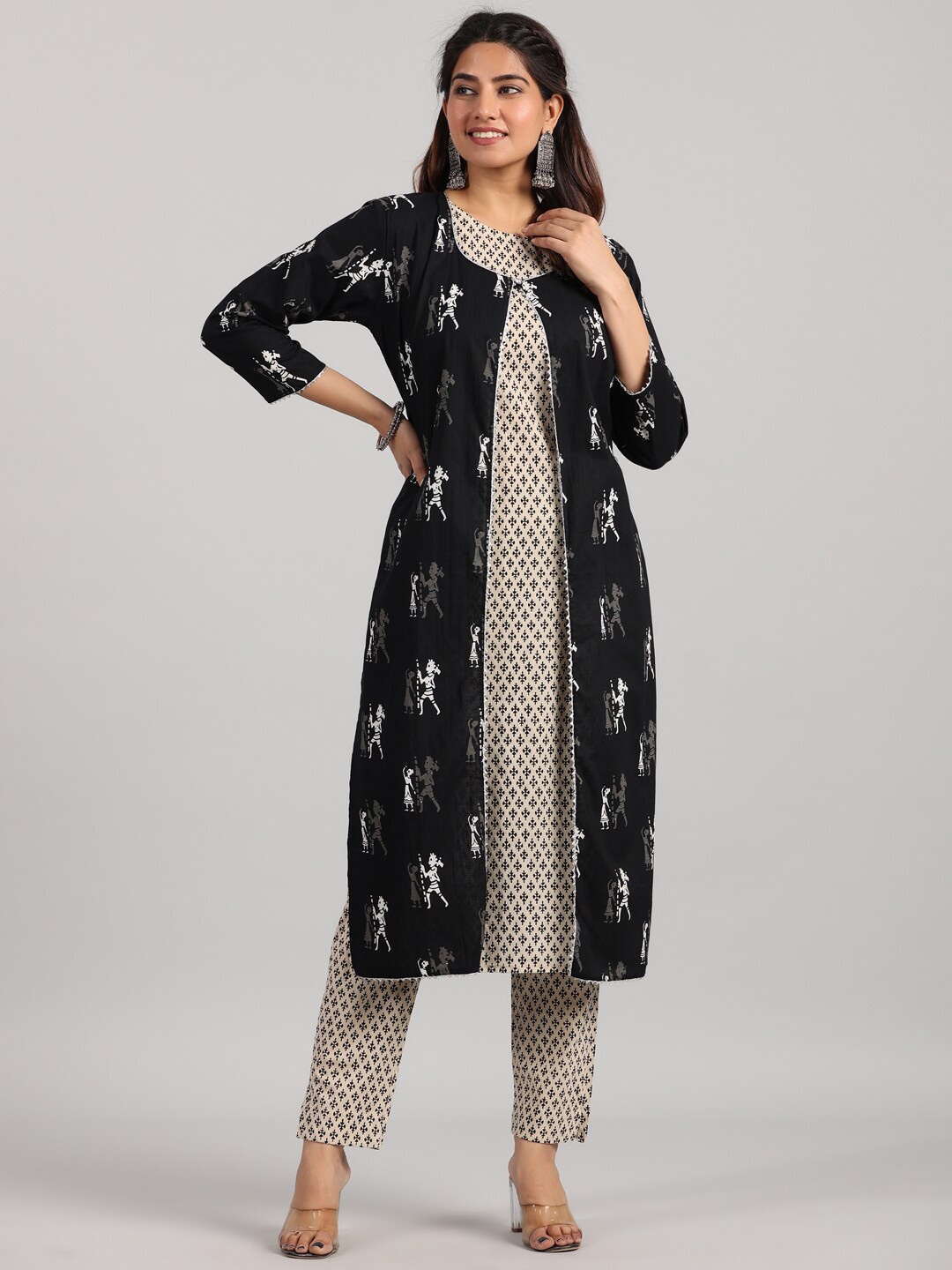 

PARCHHAI Round Neck Ethnic Motifs Printed Straight Pure Cotton Kurta With Trousers, Black