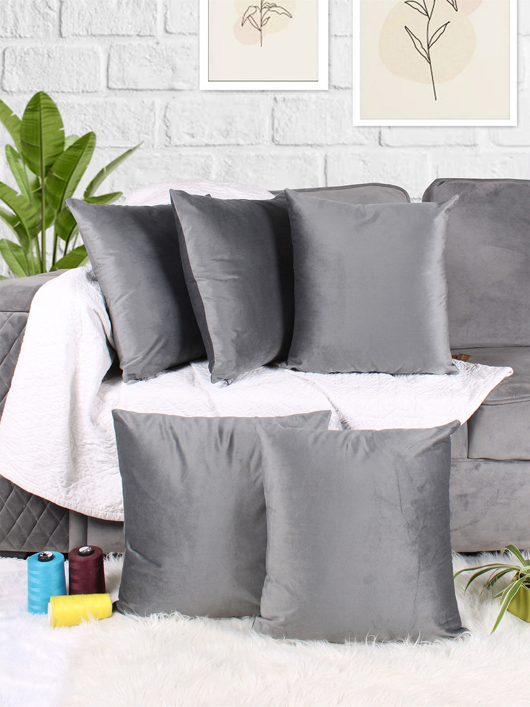 

STITCHNEST Grey 5 Pieces Velvet Square Cushion Covers