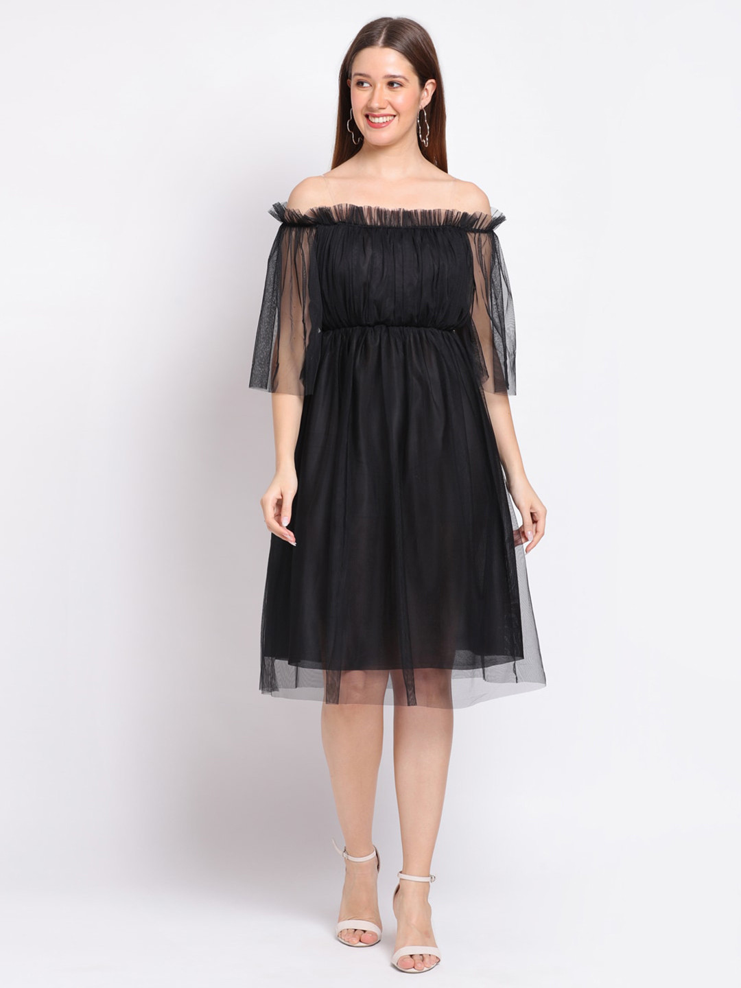 

HERE&NOW Black Off-Shoulder Pleated Net Fit & Flare Dress