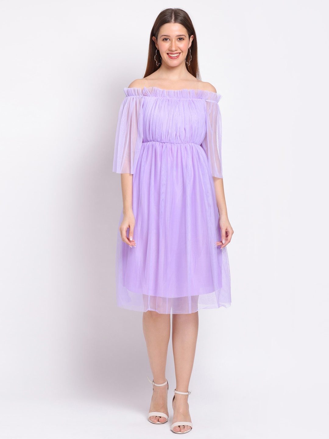 

HERE&NOW Lavender Off-Shoulder Pleated Net Fit & Flare Dress