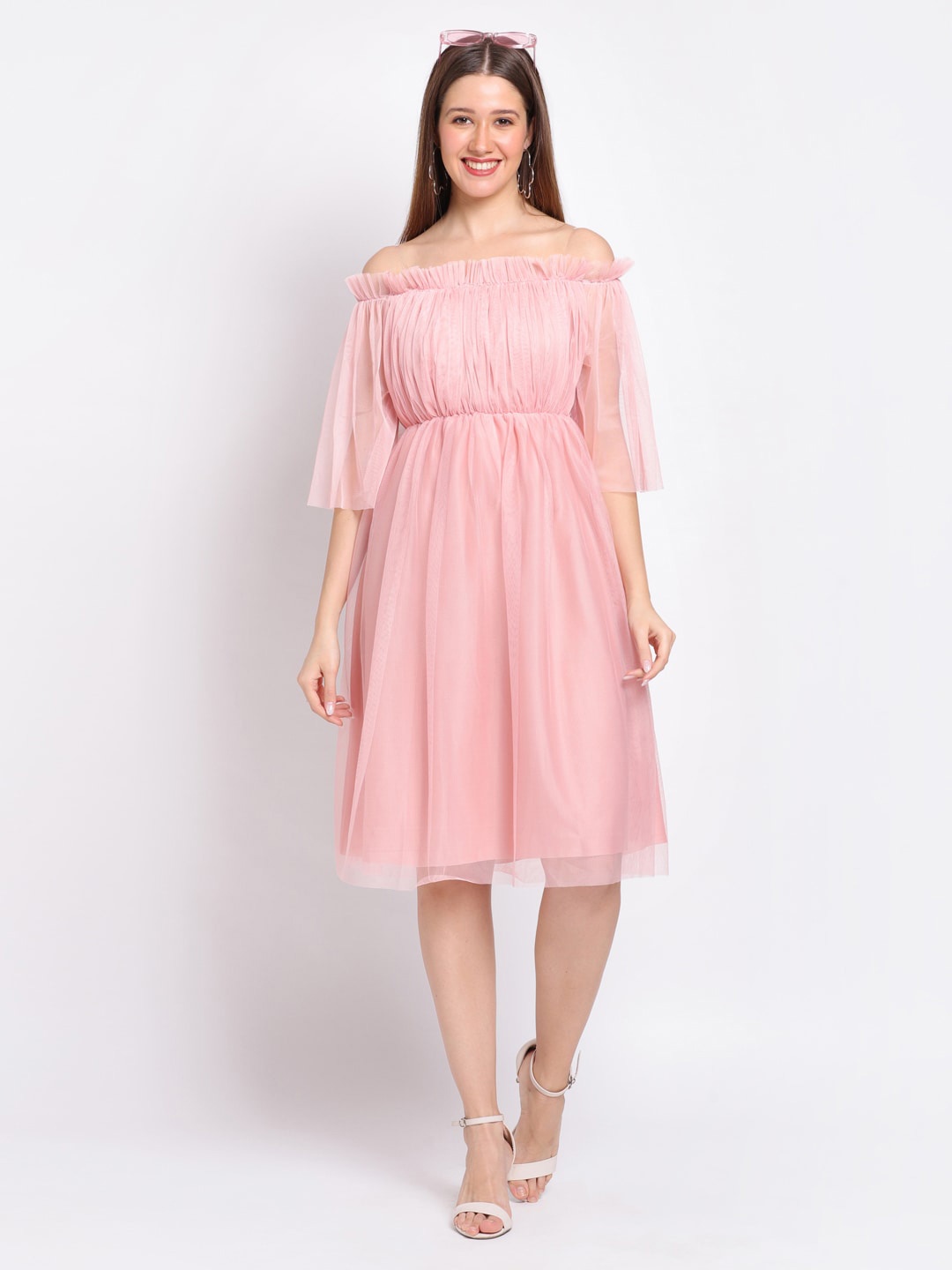 

HERE&NOW Off-Shoulder Satin Fit & Flare Dress, Pink