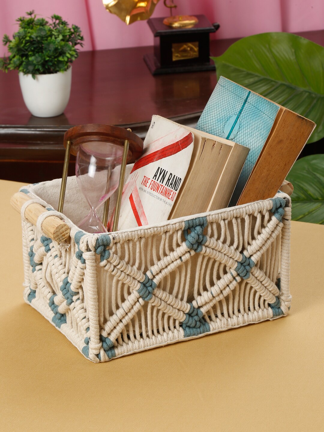 

HOSTA HOMES Cream-Colored & Green Knitted Pure Cotton Multipurpose Organizer