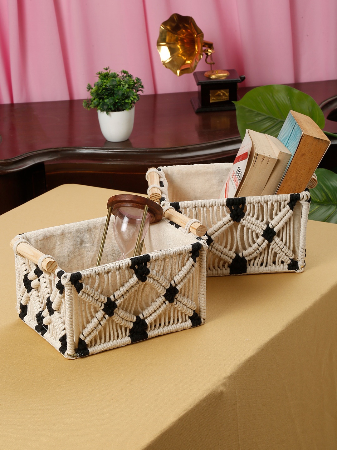 

HOSTA HOMES Cream-Colored & Black 2 Pcs Knitted Pure Cotton Multipurpose Organizers