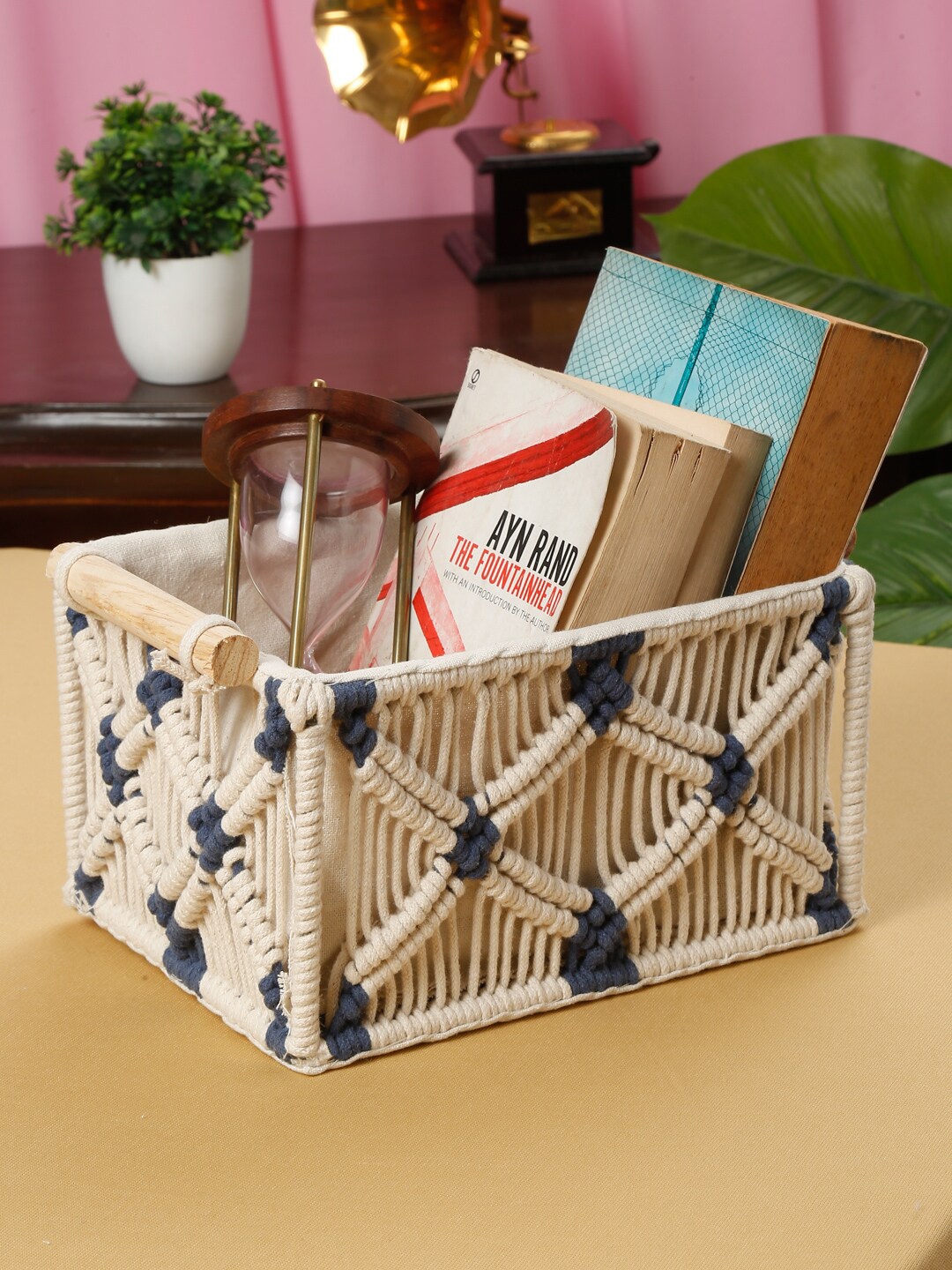 

HOSTA HOMES Cream-Colored & Blue Knitted Pure Cotton Multipurpose Organizer