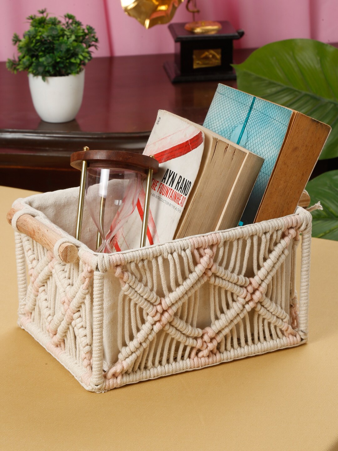 

HOSTA HOMES Cream-Colored & Pink Knitted Pure Cotton Multipurpose Organizer