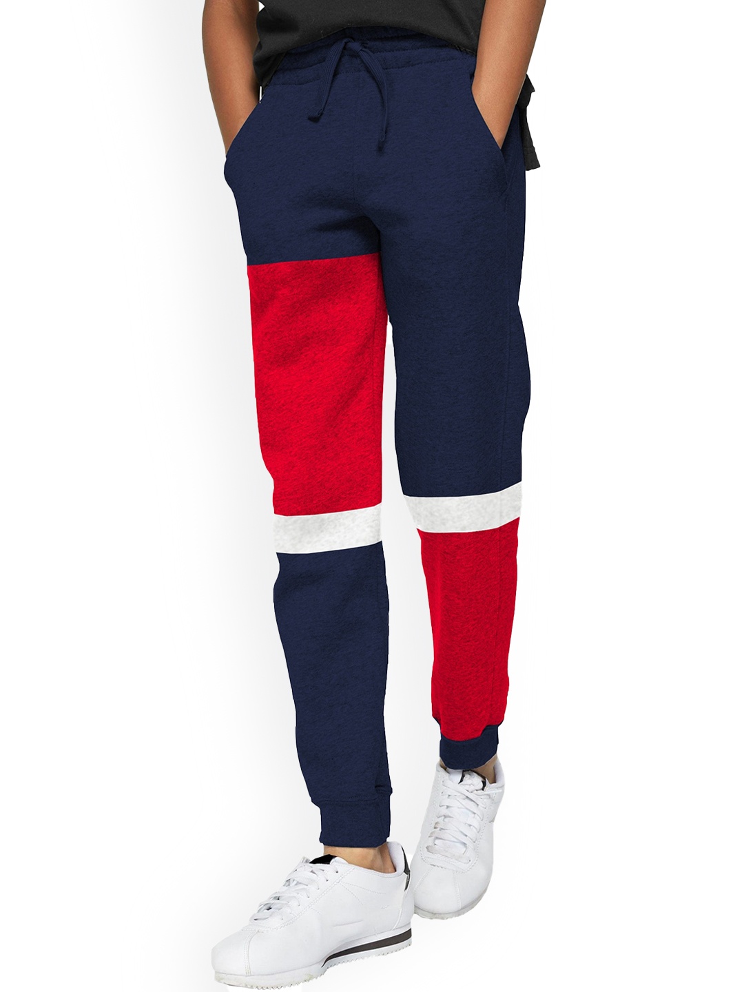 

BLIVE Boys Colorblocked Mid Rise Cotton Joggers, Navy blue