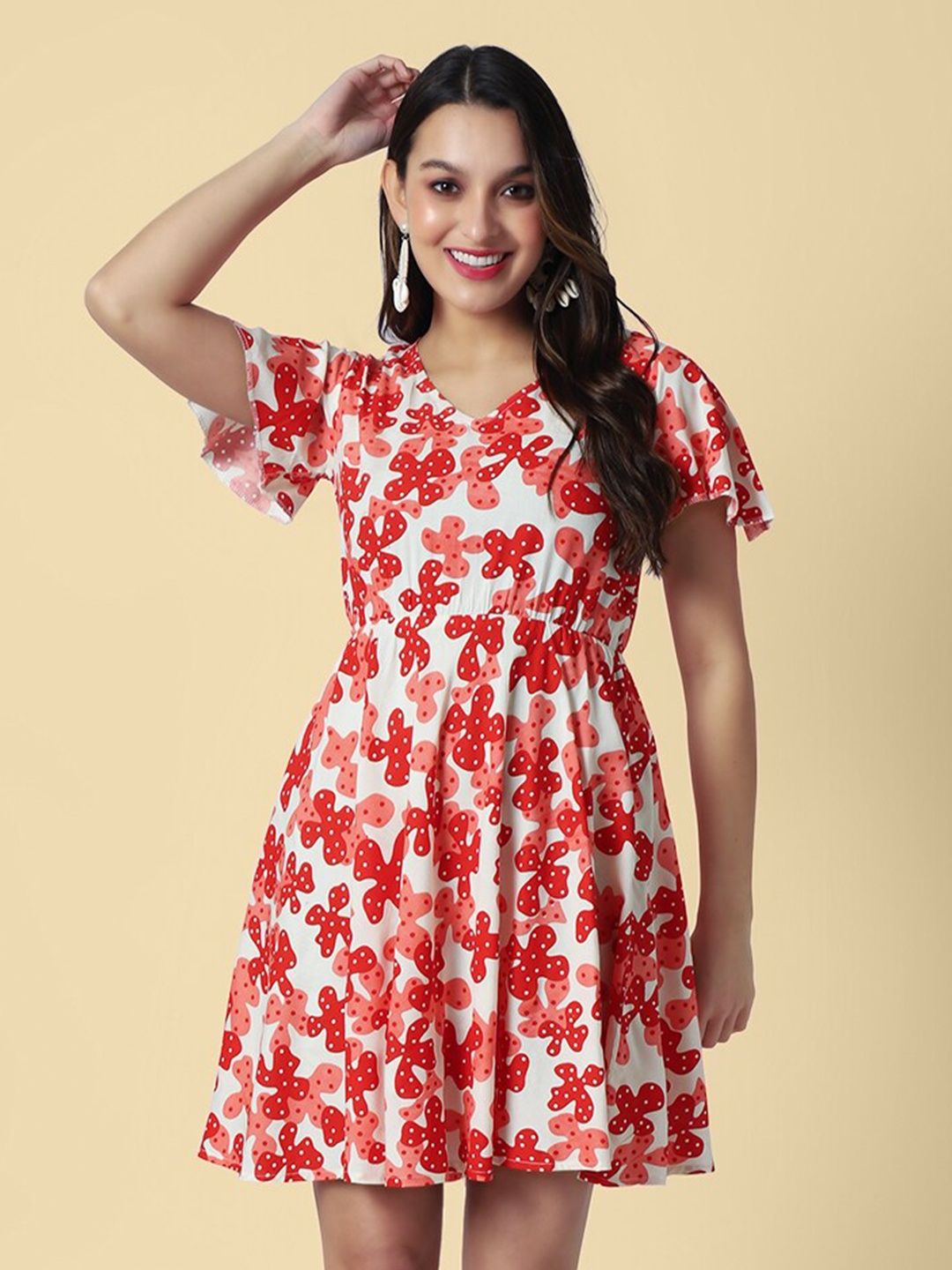 

DAEVISH Floral Printed Fit & Flare Dress, Red