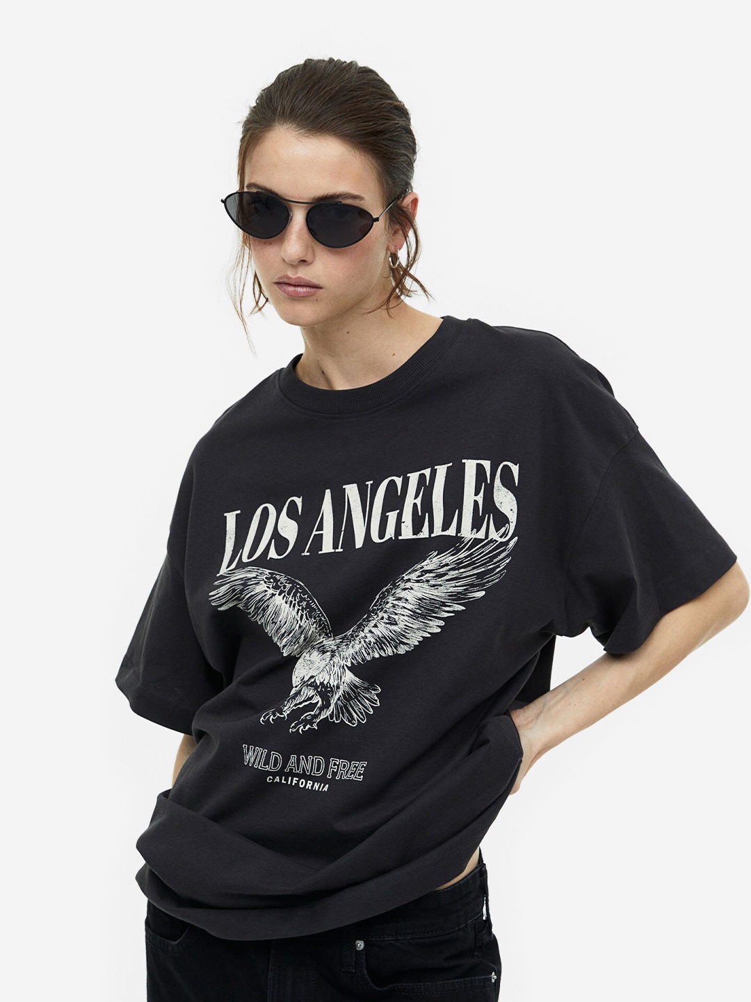 H&M Women Oversized Printed T-Shirt, Charcoal