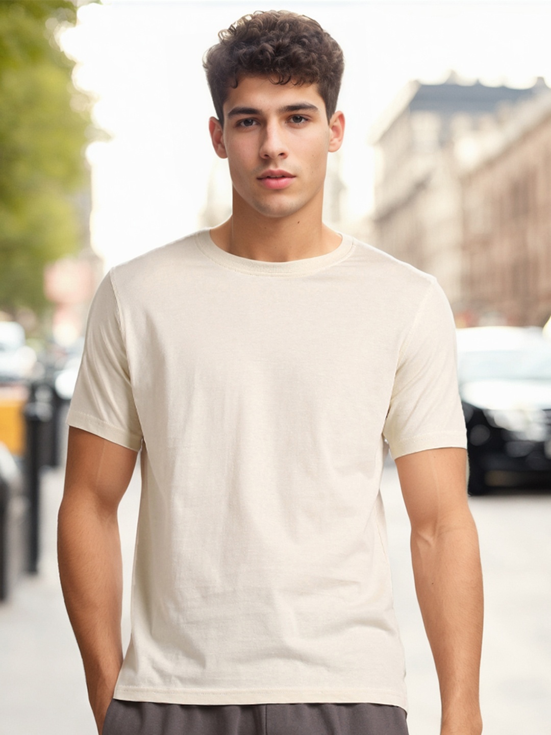 

NOBERO Crew Neck Cotton Casual T-Shirt, Cream