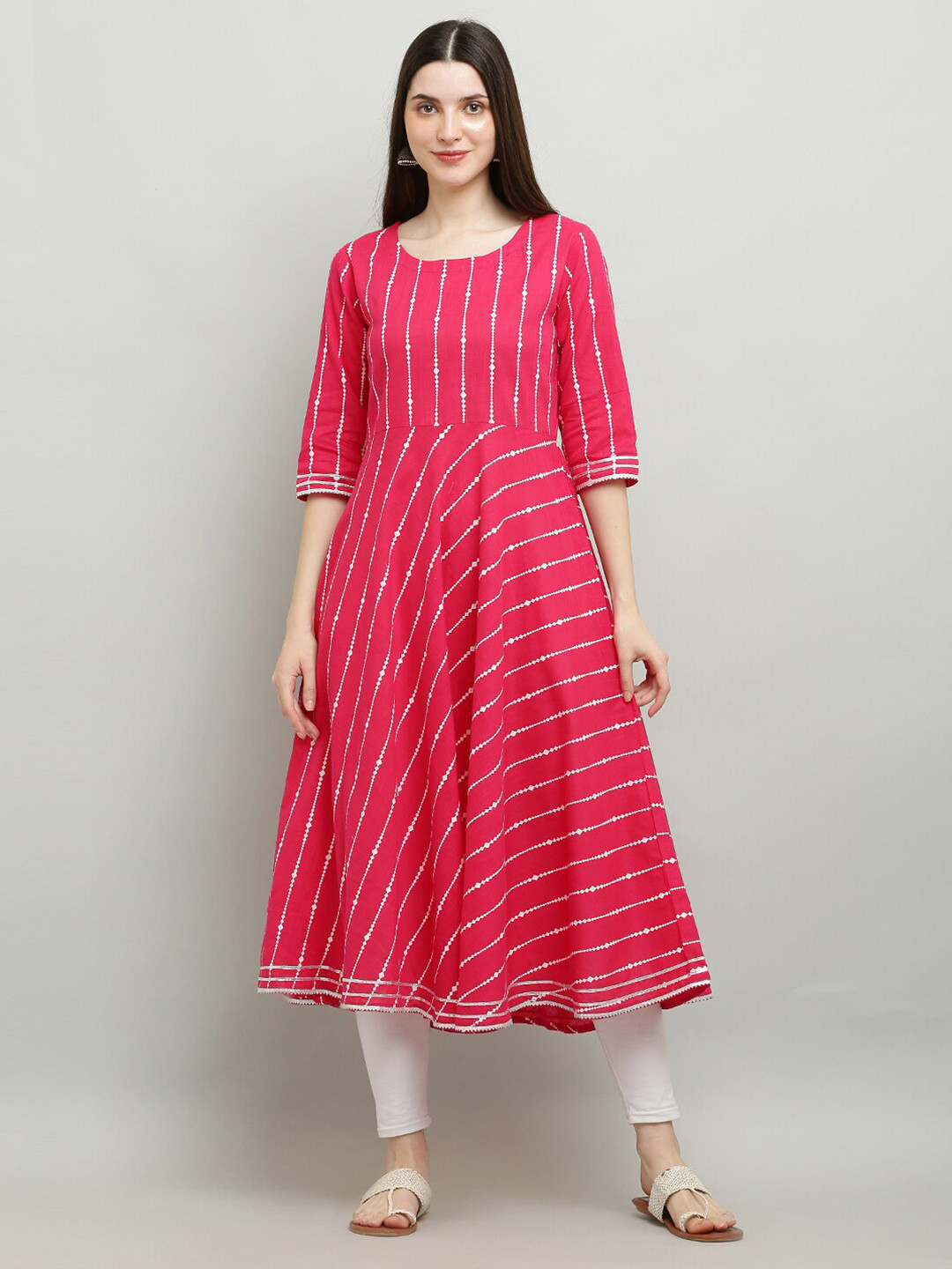 

Waahiba Round Neck Striped Printed Pure Cotton A-Line Kurta, Pink