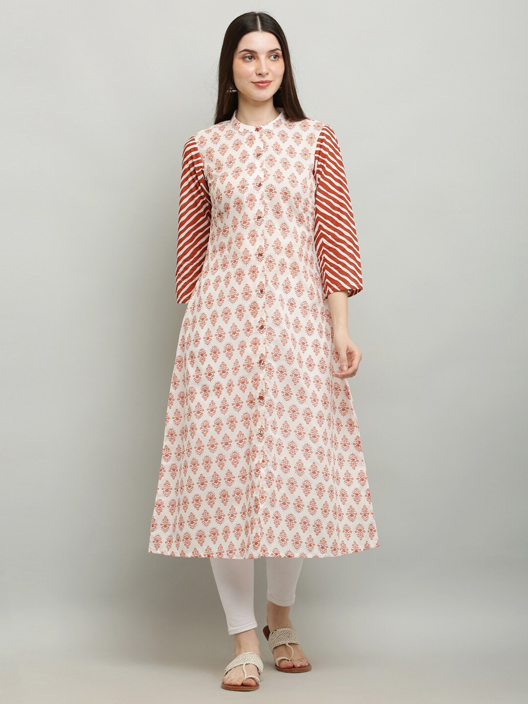 

Waahiba Band Neck Floral Printed Pure Cotton A-Line Kurta, Brown