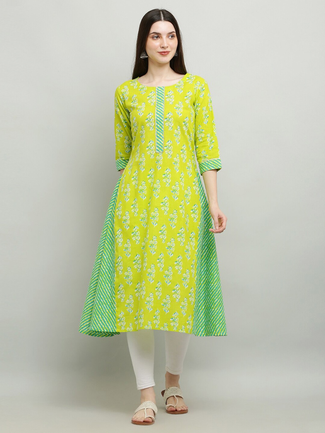 

Waahiba Round Neck Floral Printed Pure Cotton A-Line Kurta, Lime green
