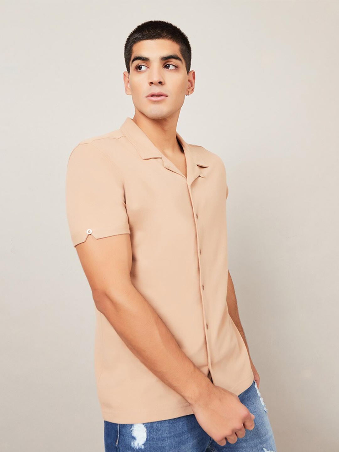 

Styli Men Pure Cotton Micro Pique Cuban Collar Shirt, Beige