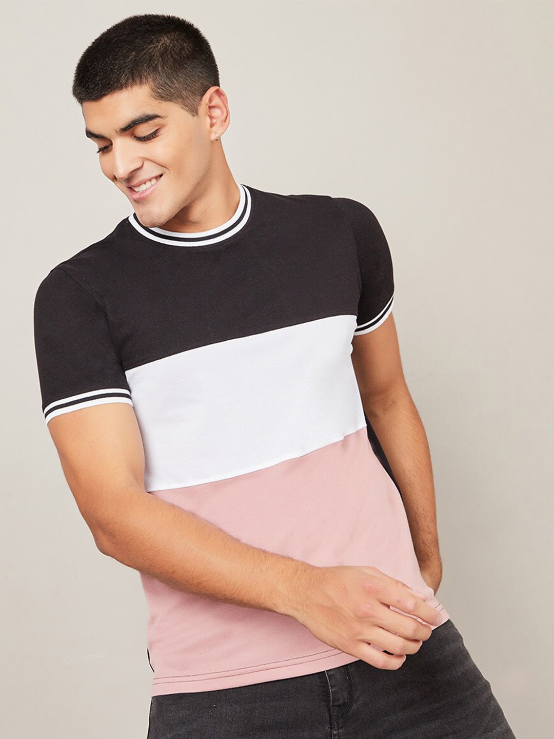 

Styli Pique Knit Colorblocked Regular Fit Cotton T-shirt, Black
