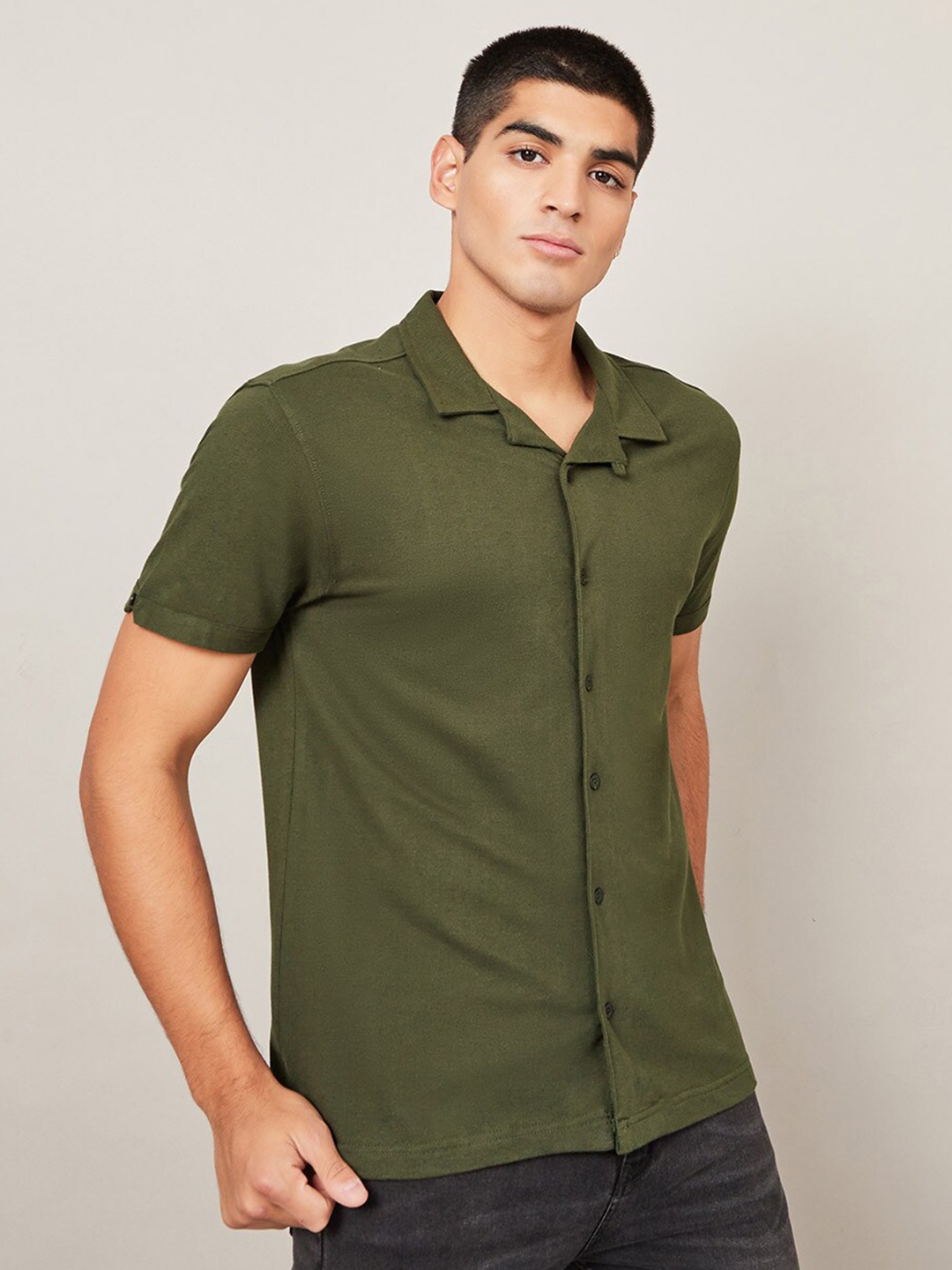 

Styli Men Solid Opaque Cuban Collar Pique Knitted Pure Cotton Casual Shirt, Olive