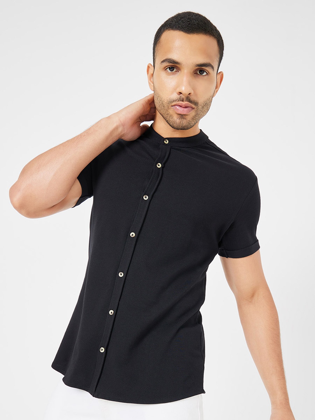 

Styli Men Pure Cotton Micro Pique Knitted Casual Shirt, Black