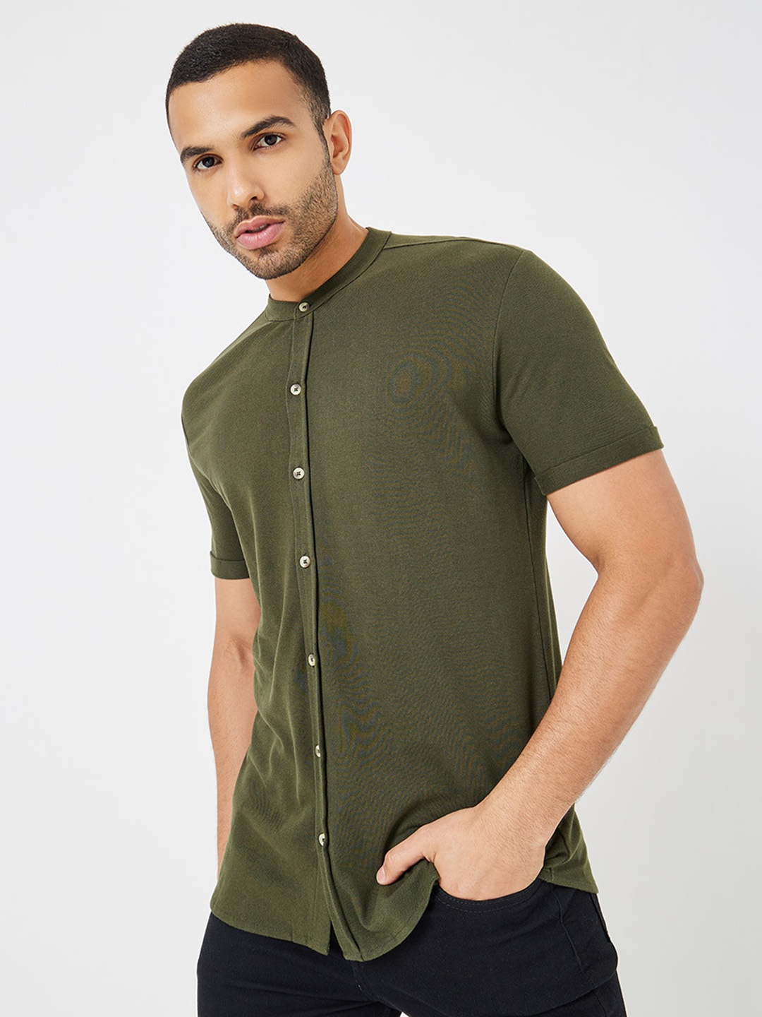 

Styli Men Solid Opaque Pique Knitted Pure Cotton Casual Shirt, Olive