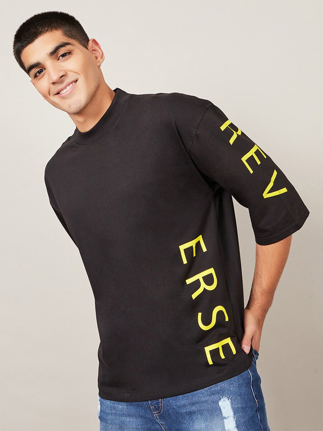 

Styli Cotton 3/4 Sleeve Printed Boxy T-Shirt, Black