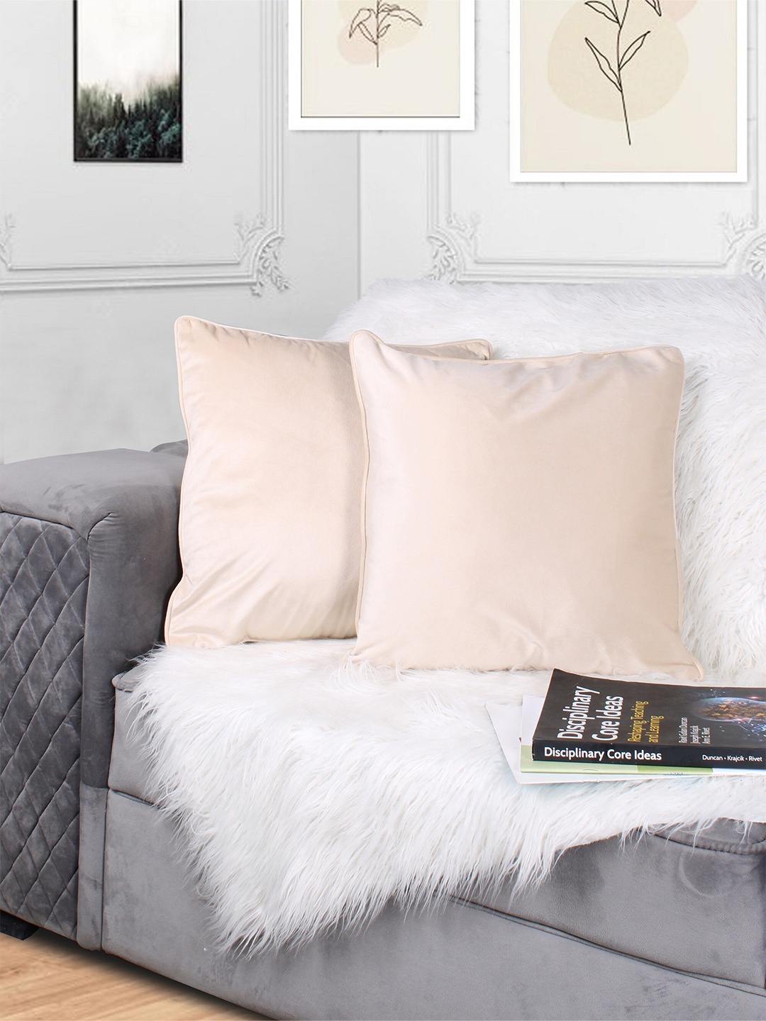 

STITCHNEST Beige 2 Pieces Velvet Square Cushion Covers